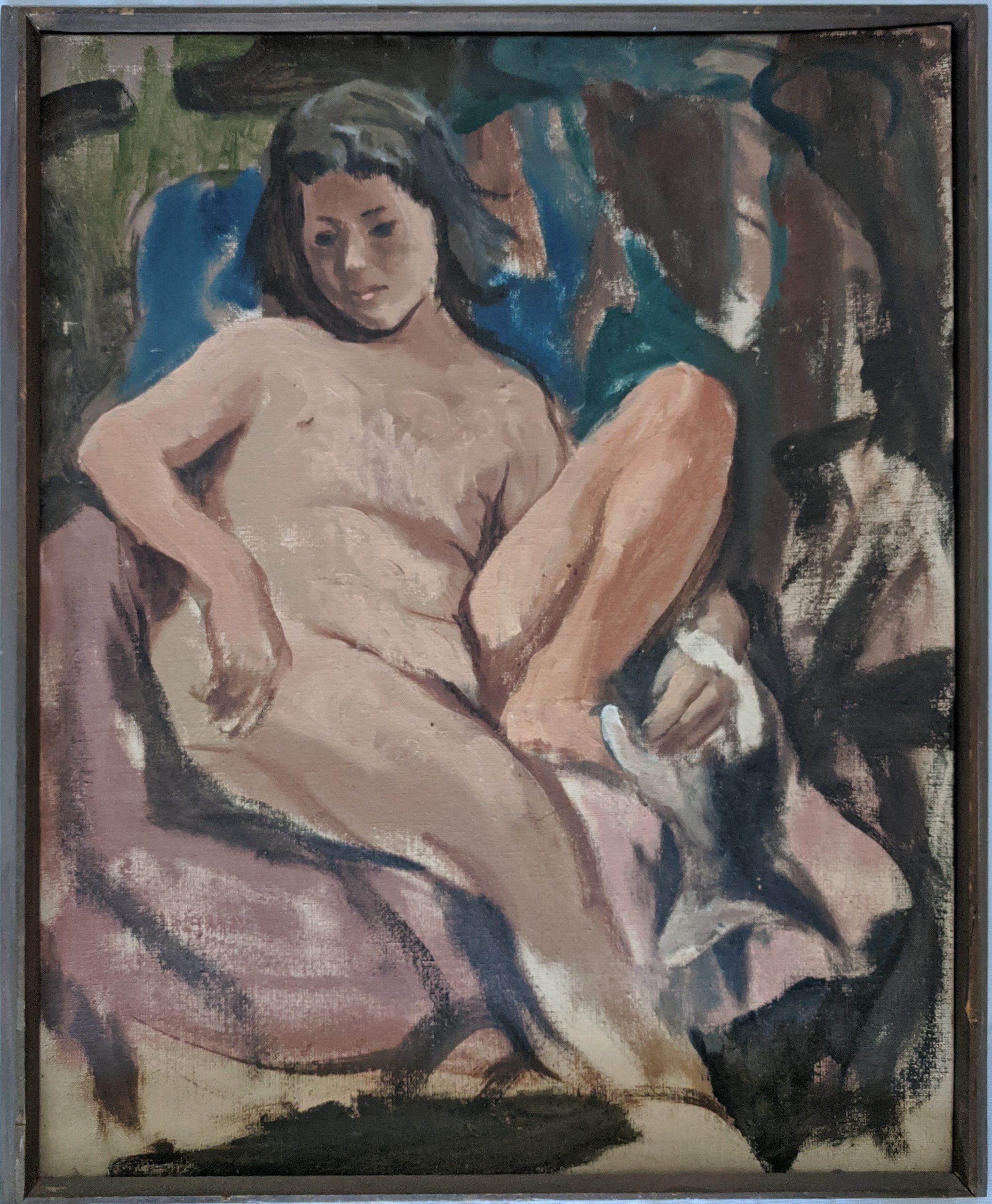 seated nude girl with puppy - Painting by Betty Sutherland aka Boschka Layton