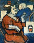 Woman in red dress at cafe painting by Betty Sutherland aka Boschka Layton