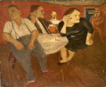 Bar scene woman in black dress painting by Betty Sutherland aka Boschka Layton